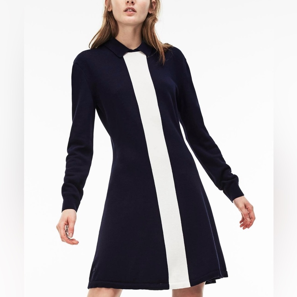 Lacoste Women Textured ALine long Sleeve Collard Dress Sz 38/ US 6 Blue Keyhole